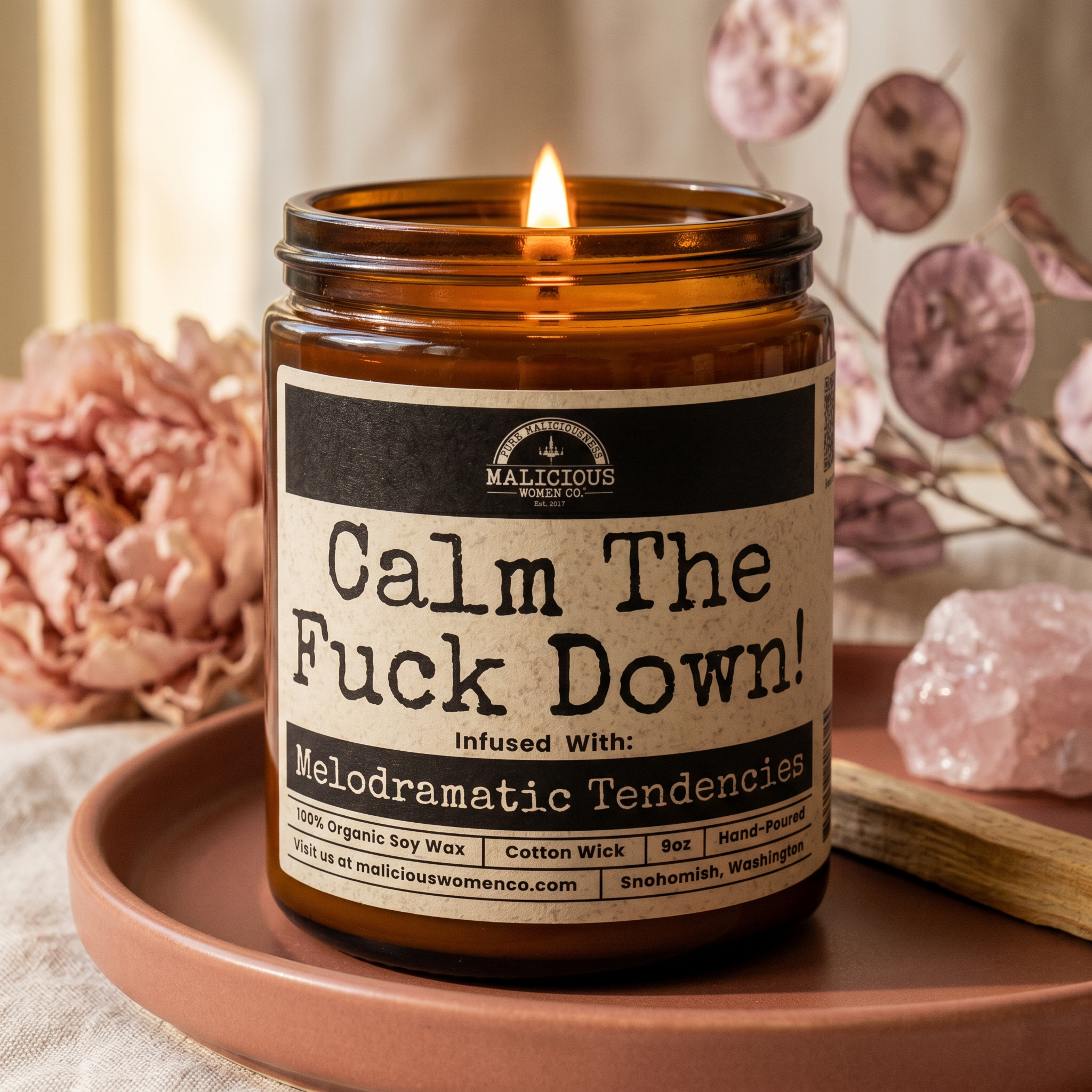 Malicious Women Co. Calm The Fuck Down 9 oz Funny Soy Candle Clean Burning | Long Lasting, Sarcastic Gift | Home Fragrance Candle