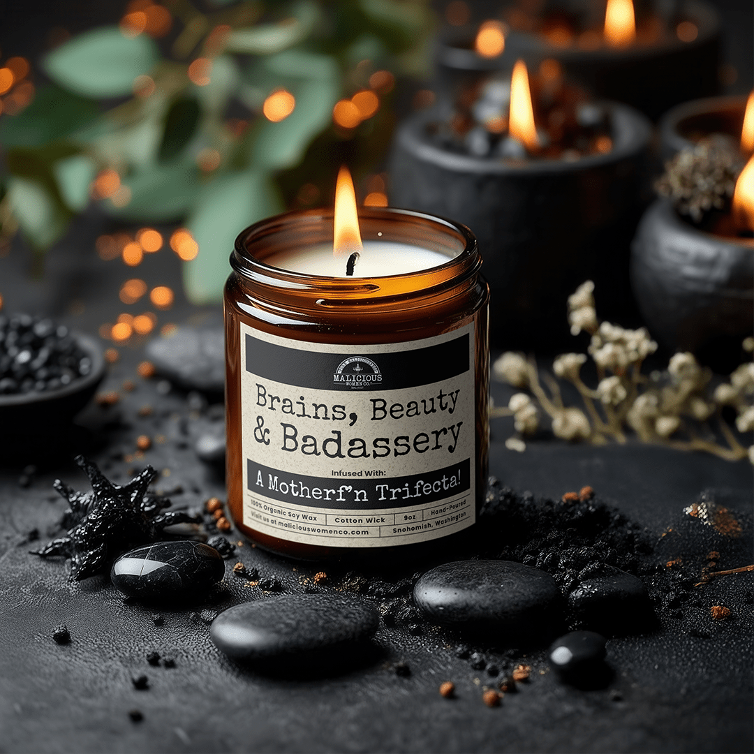 Brains Beauty Badassery 9oz Funny Candle Malicious Women Co - Malicious Women Co. - Candles