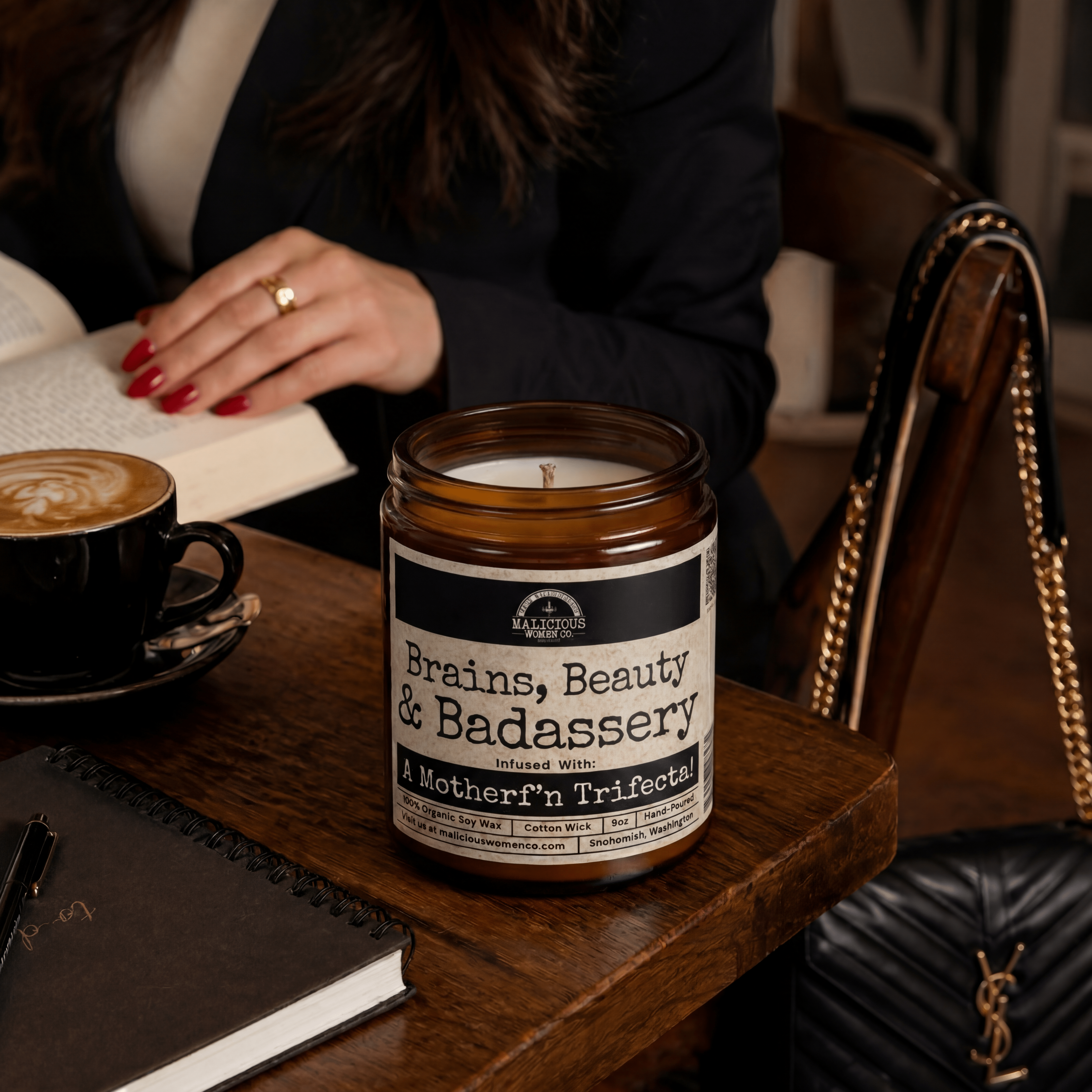 Brains Beauty Badassery | Scent: Rebel Rose | 9oz Funny Candle | Malicious Women Co - Malicious Women Co. -Candle