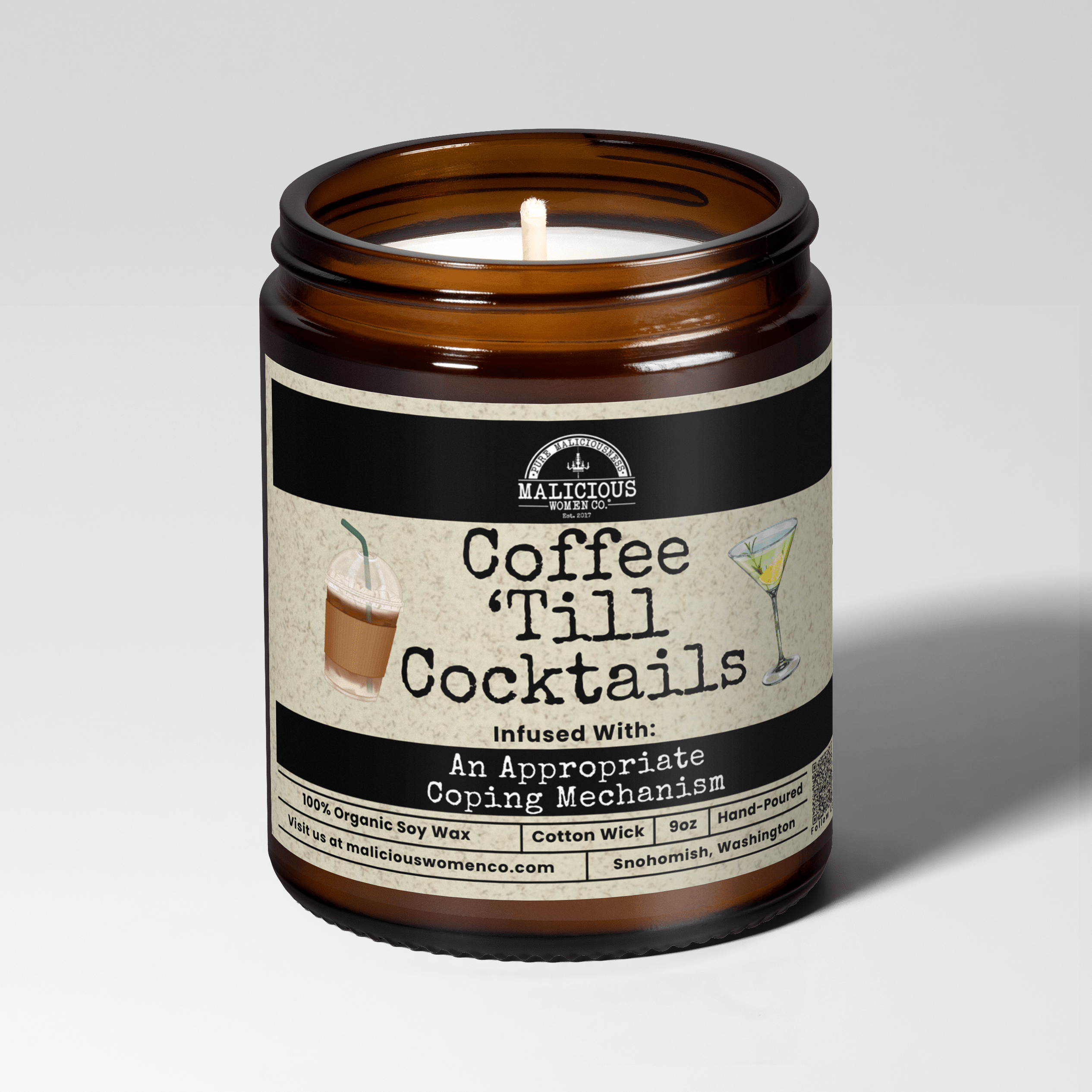 Coffee Til Cocktails | Scent: Berry Bellini | 9oz Funny Candle | Malicious Women Co - Malicious Women Co.-Candle