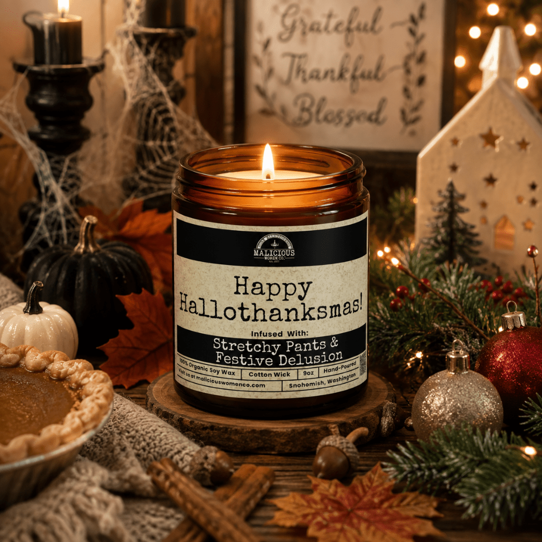 Happy Hallothanksmas | 9oz Seasonal Candle | Malicious Women Co - Malicious Women Co. -Candle