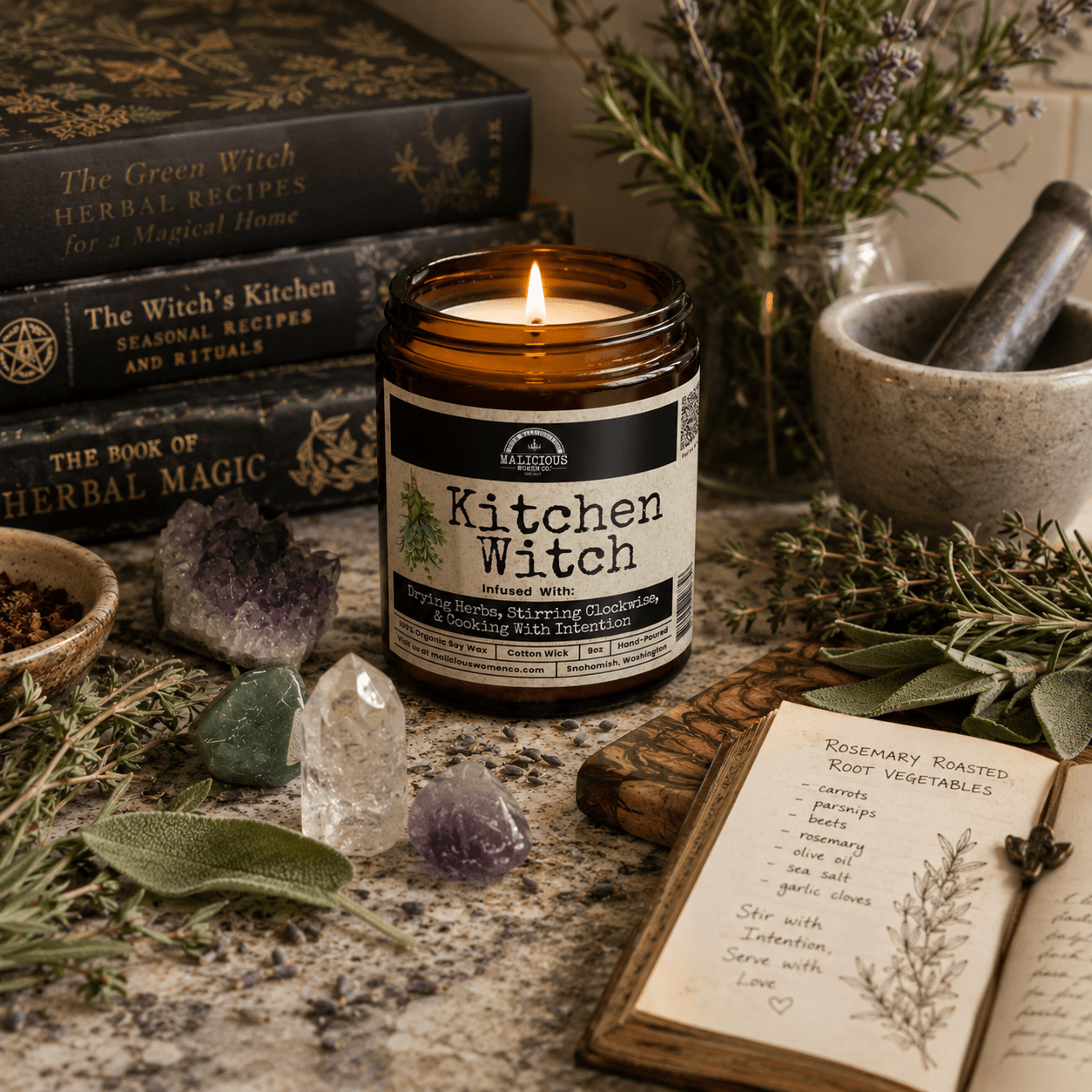 Kitchen Witch | Scent: Tomato & Basil | 9oz Witch Candle | Malicious Women Co - Malicious Women Co. -Candle