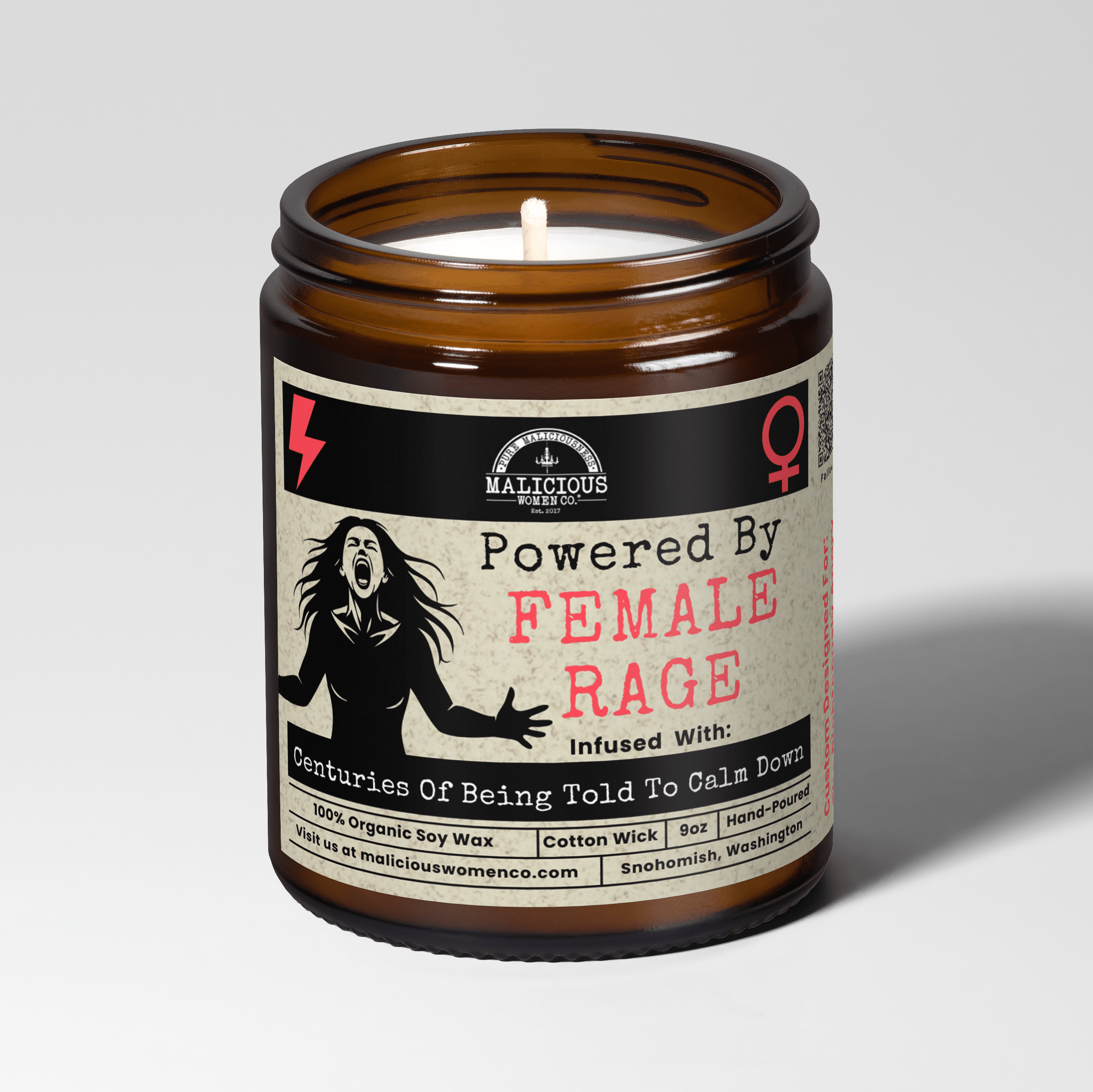 Powered By Female Rage | Scent: A Hot Mess | 9oz Funny Candle | Malicious Women Co - Malicious Women Co. -Candle