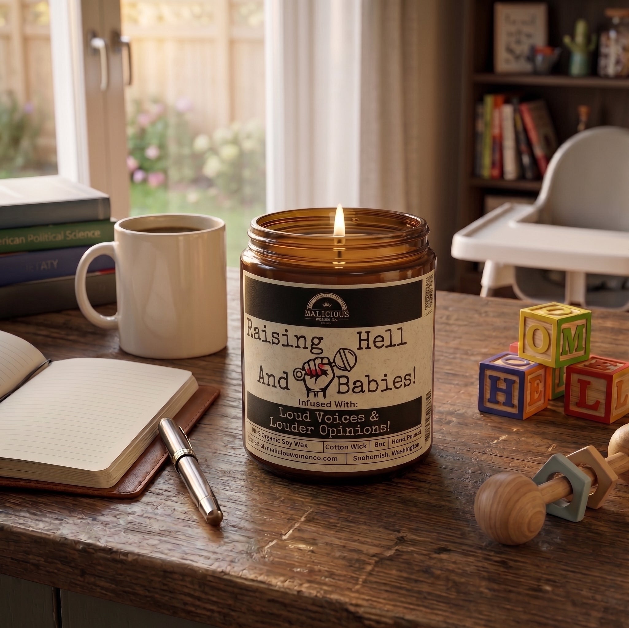 Raising Hell & Babies | Scent: Verbena Sandalwood | 9oz Mom Candle | Malicious Women Co - Malicious Women Co. -Candle