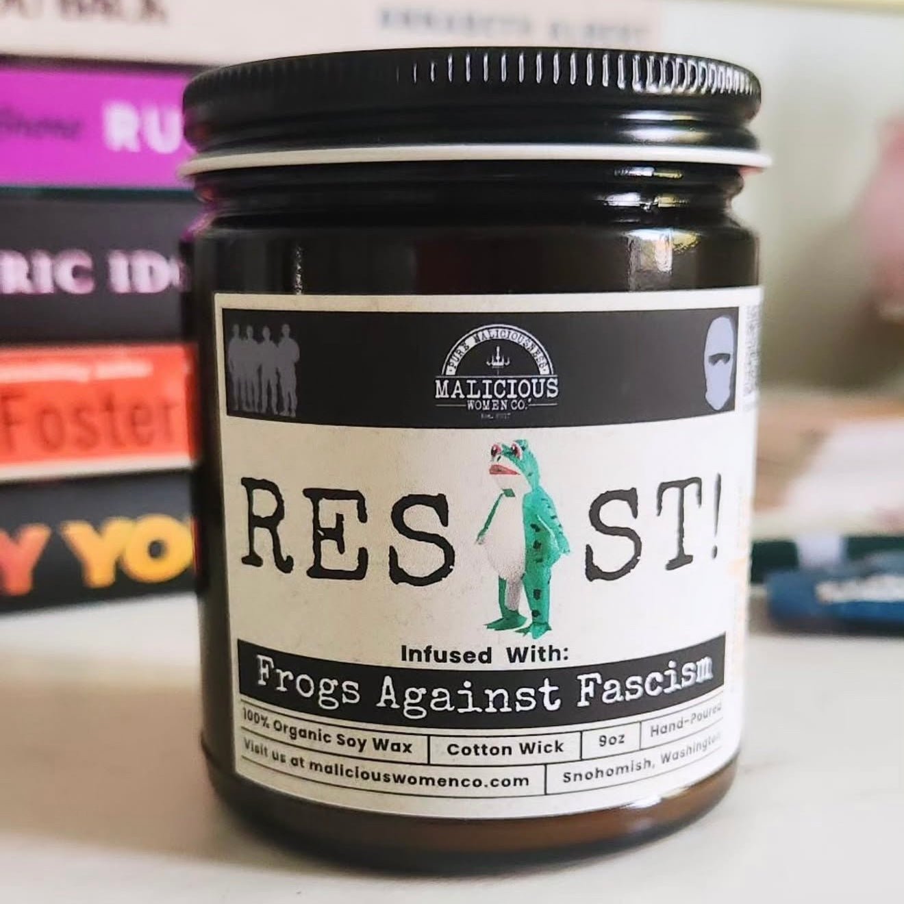 RESIST! – Frogs Against Fascism 9oz Soy Candle From Malicious Women Candle Co - Malicious Women Co. - Candle