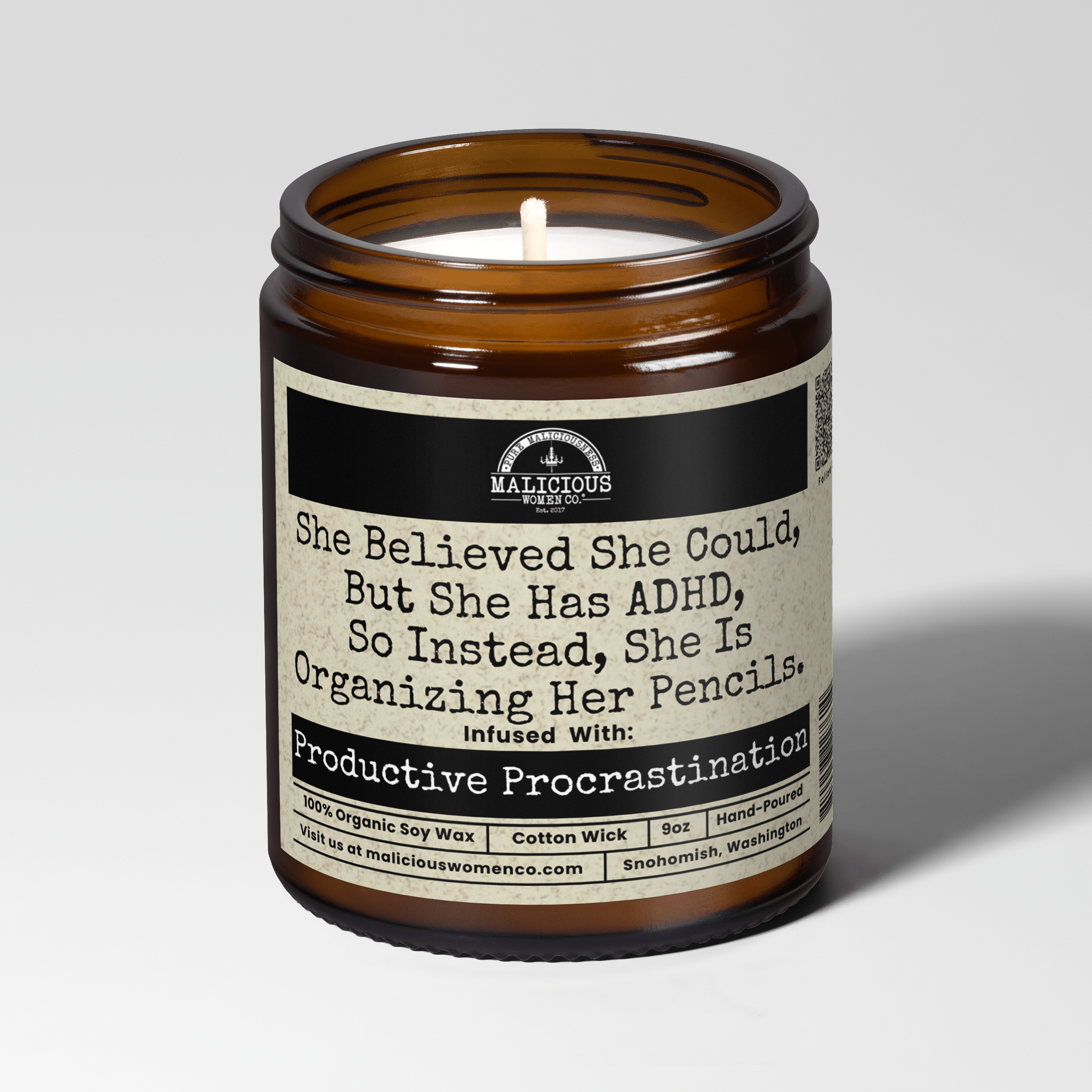 She Believed She Could, But She Has ADHD, So Instead, She Is Organizing Her Pencils. 9oz Mental Health Candle Malicious Women Co - Malicious Women Co. - Candles
