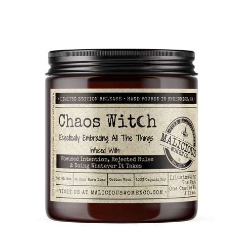 Chaos Witch Infused With: "Focused Intention, Rejected Rules & Doing Whatever It Takes" Scent: Pink Chandelier WitchCandles Malicious Women Candle Co. 