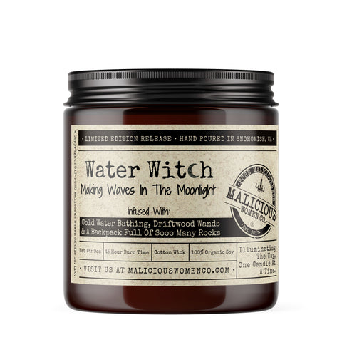 Water Witch infused with "Cold Water Bathing, Driftwood Wands & A Backpack Full Of Sooo Many Rocks" Scent: Lavender & Coconut Water * WitchCandles Malicious Women Candle Co. 